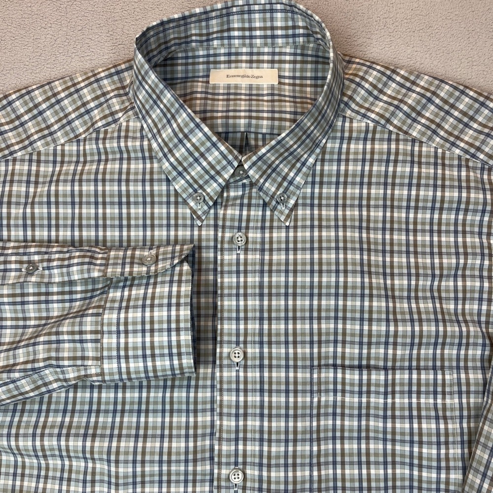 Ermenegildo Zegna Mens Plaid Button Down Shirt Blue Brown Cotton 9 UCX28 GNN